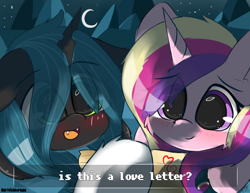 Size: 1800x1390 | Tagged: safe, artist:grithcourage, princess cadance, queen chrysalis, shining armor, alicorn, pony, canterlot wedding 10th anniversary, g4, adorable face, ask, bisexual, blushing, cute, cutealis, cutedance, duo, duo female, fangs, female, fluffy, lesbian, letter, male, moon, night, polyamory, ship:chrysarmordance, shipping, straight, text