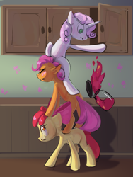 Size: 1800x2400 | Tagged: safe, artist:yarugreat, apple bloom, scootaloo, sweetie belle, butterfly, earth pony, pegasus, pony, unicorn, tabun art-battle, g4, blank flank, blushing, cupboard, cute, cutealoo, cutie mark crusaders, fail, female, filly, foal, food, imminent mess, jam, kitchen, oops, pony pile, this will end in a mess, tower of pony, trio, whoops, you dun goofed