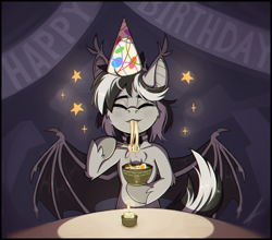 Size: 2530x2230 | Tagged: safe, artist:midnightflight, oc, oc only, oc:oldi filmes, bat pony, bat pony oc, birthday, candle, eyes closed, food, high res, noodles, ramen, ramen face