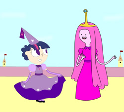 Size: 1536x1397 | Tagged: safe, artist:04startycornonline88, twilight sparkle, human, g4, adventure time, bonding, clothes, crossover, dress, dressup, friendly, happy, hat, having fun, hennin, humanized, interactive, looking at each other, looking at someone, male, nice, open mouth, princess, princess bubblegum, skirt, skirt lift, smiling, smiling at each other