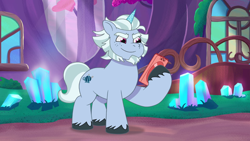 Size: 3300x1867 | Tagged: safe, screencap, alphabittle blossomforth, pony, unicorn, clip trot, g5, my little pony: tell your tale, spoiler:g5, spoiler:my little pony: tell your tale, spoiler:tyts01e07, bridlewood, cellphone, crystal, high res, male, phone, smartphone, smiling, solo, stallion
