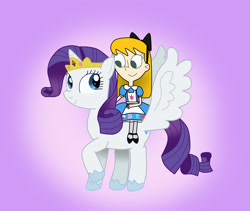 Size: 1438x1213 | Tagged: safe, artist:04startycornonline88, rarity, alicorn, human, g4, alicornified, crown, element of generosity, female, fiona munson, happy, jewelry, looking at each other, looking at someone, mare, princess rarity, race swap, raricorn, regalia, riding a pony, smiling, smiling at each other