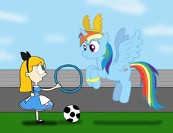 Size: 1666x1288 | Tagged: safe, artist:04startycornonline88, rainbow dash, alicorn, human, g4, alicornified, element of loyalty, fiona munson, football, looking at each other, looking at someone, race swap, rainbowcorn, sports