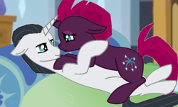 Size: 1024x617 | Tagged: safe, artist:alphamysticaura, artist:decokenite, chancellor neighsay, fizzlepop berrytwist, tempest shadow, pony, unicorn, g4, bed, bedroom eyes, bedroom ponies, boop, crossed horns, cuddling, duo, eyeshadow, female, floppy ears, horn, horns are touching, just kiss already, looking at each other, looking at someone, makeup, male, mare, room, shipping, stallion, straight, tempest neighsay