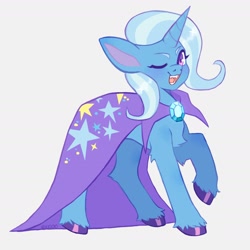 Size: 2200x2200 | Tagged: safe, artist:exxi00, trixie, pony, unicorn, g4, cape, chest fluff, clothes, fangs, female, high res, looking at you, mare, one eye closed, open mouth, raised hoof, smiling, solo, trixie's cape, unshorn fetlocks, wink