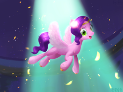 Size: 2309x1732 | Tagged: safe, artist:rily, pipp petals, pegasus, pony, g5, my little pony: a new generation, concert, green eyes, growing up, night, pink skin, purple mane, sequence, sparkling, we got the light