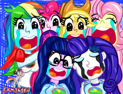 Size: 3900x3000 | Tagged: safe, artist:kamikiku, applejack, fluttershy, pinkie pie, rainbow dash, rarity, sci-twi, twilight sparkle, human, equestria girls, g4, my little pony equestria girls: legend of everfree, crying, crying on the outside, high res, humane five, humane six, makeup, open mouth, running makeup, screaming, watermark