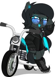 Size: 3668x5000 | Tagged: safe, artist:jhayarr23, oc, oc only, oc:umbra glow, bat pony, pony, bat pony oc, biker, bipedal, bipedal leaning, boots, clothes, commission, female, freckles, glasses, glowing mouth, jacket, latex, leaning, leather jacket, looking at you, mare, motorcycle, open mouth, open smile, shoes, simple background, smiling, solo, transparent background, ych result