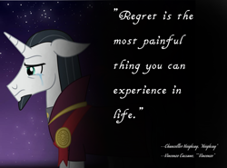 Size: 1038x770 | Tagged: safe, artist:decokenite, artist:g4lleon, chancellor neighsay, g4, book:neighsay x vincenzo quotes, clothes, crying, fimfiction, male, medallion, night, park joo-hyeong, quote, robe, stallion, vincenzo, vincenzo cassano