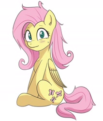 Size: 2000x2348 | Tagged: safe, artist:yinglung, fluttershy, pegasus, pony, g4, blushing, high res, messy mane, simple background, sitting, solo, white background