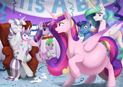 Size: 3508x2481 | Tagged: safe, artist:sinfoe, night light, princess cadance, princess celestia, princess flurry heart, spike, twilight sparkle, twilight velvet, alicorn, dragon, pony, unicorn, g4, armchair, baby shower, belly, big belly, cake, chair, commissioner:reversalmushroom, concerned, family, food, grandparent and grandchild, grin, high res, huge belly, impossibly large belly, in-laws, indoors, levitation, magic, open mouth, parent and child, party, pregdance, pregnant, raised hoof, sitting, smiling, standing, stare, telekinesis