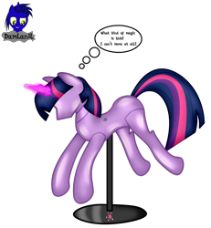 Size: 3840x4154 | Tagged: safe, artist:damlanil, twilight sparkle, alicorn, pony, g4, bondage, clothes, collar, comic, crystal horn, encasement, fake horn, female, horn, i have no mouth and i must scream, inanimate tf, latex, link in description, magic, magic aura, mannequin, mannequin tf, mare, no mouth, objectification, pedestal, petrification, ponyquin, rubber, shiny, show accurate, simple background, solo, speech bubble, text, transformation, transparent background, twilight sparkle (alicorn), vector