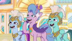 Size: 800x450 | Tagged: safe, screencap, queen haven, thunder flap, zoom zephyrwing, pegasus, pony, clip trot, g5, my little pony: tell your tale, spoiler:g5, spoiler:my little pony: tell your tale, spoiler:tyts01e07, animated, armor, female, gif, guardsmare, headbob, loop, male, mare, pegasus royal guard, perfect loop, royal guard, royal guard armor, sparkles, stallion, youtube link, zephyr heights