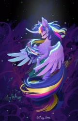 Size: 1320x2048 | Tagged: safe, artist:tinybenz, twilight sparkle, alicorn, pony, g4, chest fluff, curved horn, eyes closed, female, flying, horn, mare, signature, solo, spread wings, twilight sparkle (alicorn), wings