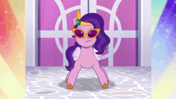 Size: 800x450 | Tagged: safe, screencap, pipp petals, pegasus, pony, clip trot, g5, my little pony: tell your tale, spoiler:g5, spoiler:my little pony: tell your tale, spoiler:tyts01e07, animated, dancing, female, gif, mare, solo, sunglasses, youtube link