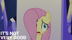 Size: 1280x720 | Tagged: safe, edit, edited screencap, editor:quoterific, screencap, fluttershy, pegasus, pony, g4, party pooped, season 5, female, mare, open mouth, solo, text, twilight's castle