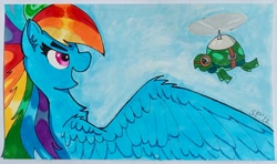 Size: 2777x1643 | Tagged: safe, artist:single purpose, rainbow dash, tank, pegasus, pony, g4, flying, marker drawing, spread wings, traditional art, wings