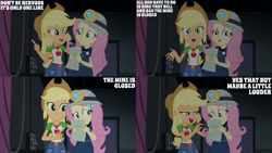 Size: 1280x720 | Tagged: safe, edit, edited screencap, editor:quoterific, screencap, applejack, fluttershy, human, equestria girls, g4, my little pony equestria girls: better together, opening night, applejack's hat, belt, clothes, cowboy hat, cutie mark on clothes, denim skirt, duo, duo female, female, geode of super strength, hairpin, hat, helmet, jewelry, magical geodes, necklace, open mouth, open smile, skirt, smiling, text