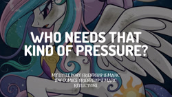 Size: 1280x720 | Tagged: safe, edit, editor:quoterific, idw, princess celestia, alicorn, pony, g4, reflections, spoiler:comic, crown, female, jewelry, mare, open mouth, regalia, spread wings, text, wings