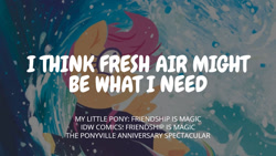 Size: 1280x720 | Tagged: safe, edit, editor:quoterific, idw, scootaloo, pegasus, pony, g4, clothes, female, filly, foal, grin, smiling, spread wings, surfboard, surfing, swimsuit, text, the ponyville anniversary spectacular, wings