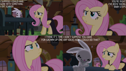 Size: 1280x720 | Tagged: safe, edit, edited screencap, editor:quoterific, screencap, angel bunny, fluttershy, pegasus, pony, rabbit, g4, scare master, season 5, animal, duo, female, fluttershy's cottage, grin, male, mare, night, open mouth, open smile, smiling, text