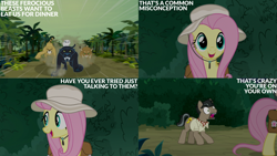 Size: 1280x720 | Tagged: safe, edit, edited screencap, editor:quoterific, screencap, doctor caballeron, fluttershy, cat, cheetah, earth pony, pegasus, pony, daring doubt, g4, season 9, ascot tie, bag, clothes, coward, duo, female, male, mare, open mouth, open smile, saddle bag, shirt, smiling, stallion, text