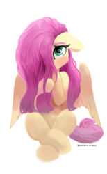Size: 1989x3225 | Tagged: safe, artist:raphaeldavid, fluttershy, pegasus, semi-anthro, g4, arm hooves, blushing, crossed legs, cute, daaaaaaaaaaaw, female, floppy ears, hair over one eye, hiding behind mane, looking at you, mare, partially open wings, shy, shyabetes, simple background, solo, weapons-grade cute, white background, wings