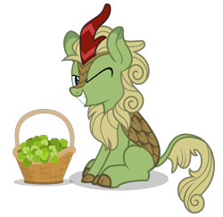 Size: 3104x3016 | Tagged: artist needed, safe, forest fall, kirin, g4, basket, cute, high res, kirinbetes, looking at you, male, one eye closed, simple background, sitting, smiling, solo, transparent background, vector, wink, winking at you