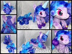 Size: 1920x1440 | Tagged: safe, artist:rubiowolf, izzy moonbow, pony, seapony (g4), unicorn, g5, blue mane, dorsal fin, female, fish tail, horn, irl, jewelry, mare, necklace, photo, pink eyes, plushie, seaponified, seapony izzy moonbow, smiling, solo, species swap, tail, watermark