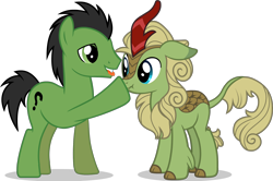 Size: 2148x1427 | Tagged: safe, forest fall, oc, oc:anon stallion, earth pony, kirin, pony, g4, boop, duo, duo male, earth pony oc, male, scrunchy face, simple background, stallion, transparent background