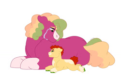 Size: 1280x854 | Tagged: safe, artist:itstechtock, oc, oc only, oc:jalapeno popper, oc:wanderleaf, earth pony, pony, baby, baby pony, crying, female, lying down, mare, parent:oc:wanderleaf, prone, simple background, white background