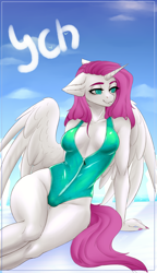 Size: 1554x2690 | Tagged: safe, artist:evlass, oc, oc only, alicorn, anthro, absolute cleavage, breasts, cleavage, clothes, commission, female, one-piece swimsuit, solo, swimsuit, ych sketch, zipper