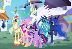 Size: 1575x1080 | Tagged: safe, artist:amigogogo, princess cadance, princess celestia, princess ember, princess luna, princess skystar, twilight sparkle, alicorn, classical hippogriff, dragon, hippogriff, pony, my little pony: the movie, alicorn tetrarchy, canterlot, crown, folded wings, hoof shoes, jewelry, regalia, spread wings, tiara, twilight sparkle (alicorn), wings