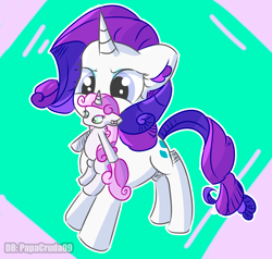 Size: 2000x1900 | Tagged: safe, artist:papacruda09, rarity, sweetie belle, pony, unicorn, g4, abstract background, behaving like a cat, cute, female, happy, horn, horns, looking at you, mouth hold, siblings, sisters