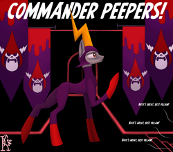 Size: 4000x3500 | Tagged: safe, alternate version, artist:kirov, earth pony, pony, banner, black background, clothes, commander peepers, crossover, english, gray coat, helmet, no mane, no tail, ponified, text, uniform, wander over yonder