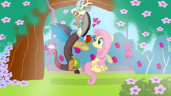 Size: 1280x720 | Tagged: safe, artist:mlplary6, discord, fluttershy, draconequus, pegasus, pony, g4, duo, duo male and female, female, flower, garden, heart, male, mare, rose, ship:discoshy, shipping, sitting, smiling, spread wings, straight, tree, wings
