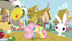 Size: 3840x2160 | Tagged: safe, artist:kitana762, angel bunny, discord, fluttershy, butterfly, draconequus, pegasus, pony, rabbit, g4, animal, bandage, bandaid, carrot, fluttershy day, food, high res, hug, magnifying glass, micro, ponyville, show accurate