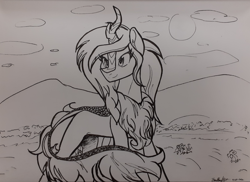 Size: 4128x3008 | Tagged: safe, artist:janeblood969, oc, oc only, oc:celtic meadows, kirin, fields, kirin oc, majestic, monochrome, solo, traditional art