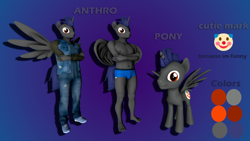 Size: 1920x1080 | Tagged: safe, oc, oc only, oc:rv, alicorn, pony, anthro, plantigrade anthro, 3d, alicorn oc, anthro oc, blue mane, boxer briefs, clothes, emoji, gradient background, gray coat, horn, male, red eyes, reference, reference sheet, solo, source filmmaker, standing, underwear, wings
