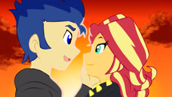 Size: 1280x720 | Tagged: safe, artist:studiodraw, flash sentry, sunset shimmer, human, equestria girls, g4, duo, female, male, ship:flashimmer, shipping, straight