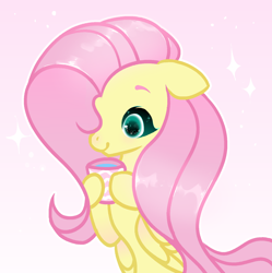 Size: 1280x1287 | Tagged: safe, artist:vi45, fluttershy, pegasus, pony, g4, abstract background, bust, cup, drink, female, floppy ears, folded wings, gradient background, hair over one eye, hoof hold, mare, mug, outline, raised hoof, smiling, solo, sparkles, three quarter view, wings