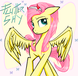 Size: 1212x1184 | Tagged: safe, artist:sallycars, fluttershy, butterfly, pegasus, pony, g4, aside glance, crossed hooves, devil horns, female, floppy ears, fluttershy day, horns, looking at you, mare, ms paint, name, solo, spread wings, standing, turned head, wings, zerotwo