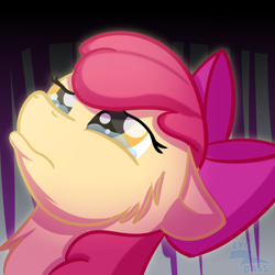 Size: 1000x1000 | Tagged: safe, artist:exobass, apple bloom, earth pony, pony, g4, bow, bust, crying, expression, female, floppy ears, sad, solo, teary eyes