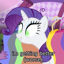 Size: 1079x1080 | Tagged: safe, screencap, rarity, pony, unicorn, g4, inspiration manifestation, my little pony: friendship is magic, caption, image macro, inspirarity, meme, possessed, text