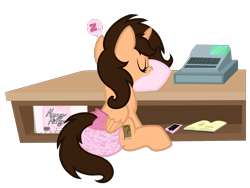 Size: 1954x1467 | Tagged: safe, artist:mommymidday, oc, oc only, oc:small brooke, alicorn, pony, book, cash register, diaper, diaperpackage, indoors, iphone, non-baby in diaper, pillow, pullup (diaper), shop, show accurate, simple background, sitting, sleeping, solo, spellbook, transparent background