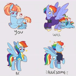 Size: 8640x8640 | Tagged: safe, artist:aylufujo, bow hothoof, rainbow dash, windy whistles, pegasus, pony, g4, the last problem, wonderbolts academy, baby, baby dash, baby pony, clothes, cute, dashabetes, eyelashes, father and child, father and daughter, female, filly, filly rainbow dash, flying, foal, gray background, heart, hoof hold, looking back, lying down, male, mare, medal, mother and child, mother and daughter, newborn, older, older rainbow dash, pictogram, prone, raised hoof, simple background, smiling, underhoof, uniform, unshorn fetlocks, upscaled, wings, wonderbolt trainee uniform, you, younger