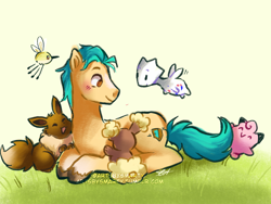 Size: 1280x960 | Tagged: safe, artist:artsbysmarty, hitch trailblazer, buneary, clefairy, cutiefly, earth pony, eevee, pony, togetic, g5, blushing, critter magnet, crossover, cute, grass, hitchbetes, lying down, male, pokémon, simple background, smiling, stallion