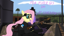 Size: 1280x720 | Tagged: safe, artist:fiveclassified, fluttershy, pegasus, pony, g4, call of duty, call of duty zombies, day, firebasez, kt84, solo