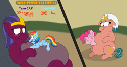 Size: 5500x2900 | Tagged: safe, artist:rupert, pinkie pie, rainbow dash, somnambula, the sphinx, earth pony, pegasus, pony, sphinx, series:miles&nilesofcat&fat, g4, 2 panel comic, belly, belly bed, big belly, blushing, butt, chubby cheeks, comic, cross-popping veins, cute, dashabetes, desert, diapinkes, duo, duo female, egyptian, egyptian headdress, egyptian pony, eyeshadow, fat, fat fetish, female, fetish, hug, huge belly, impossibly large belly, incentive drive, lidded eyes, lying down, makeup, mare, missing accessory, navel play, obese, plot, prone, puffy cheeks, pyramid, shocked, shocked expression, shrunken pupils, sinking, smiling, somnambetes, sphinxdorable, teeth, this ended in weight gain, unamused, weight gain, weight gain sequence
