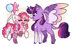 Size: 3304x2187 | Tagged: safe, artist:moccabliss, pinkie pie, twilight sparkle, alicorn, earth pony, pony, g4, alternate design, balloon, female, happy, high res, leonine tail, lesbian, mare, open mouth, open smile, ship:twinkie, shipping, smiling, spread wings, tail, twilight sparkle (alicorn), wings